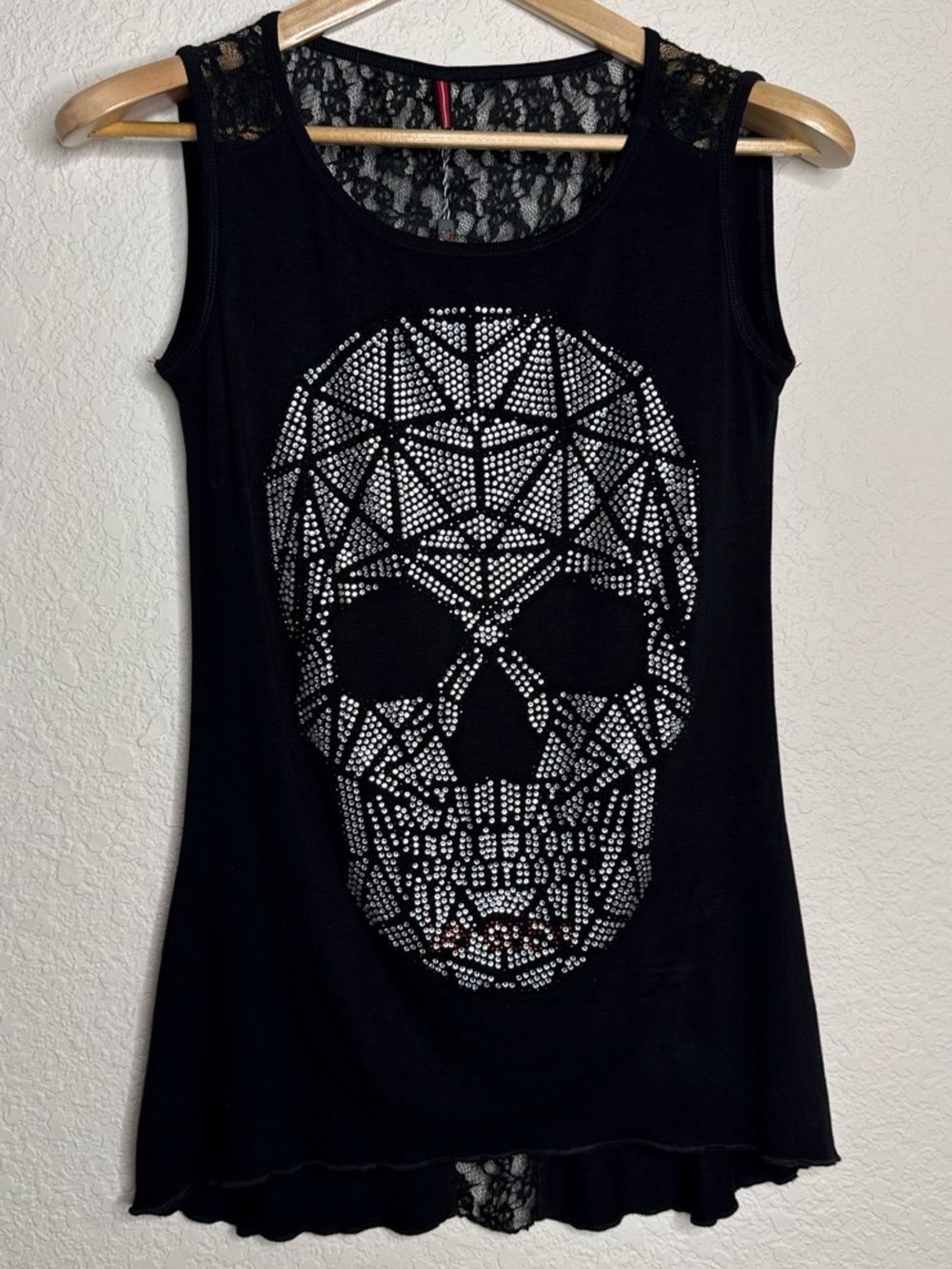 ¡Ay Güey! NWT Rhinestone Skull Tank Top Lace Back Black Size M Gothcore Edgy